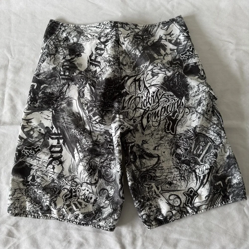 Y2K Fox Riders Co Mens Board Shorts Black White Skater Surfer Beach Size 34